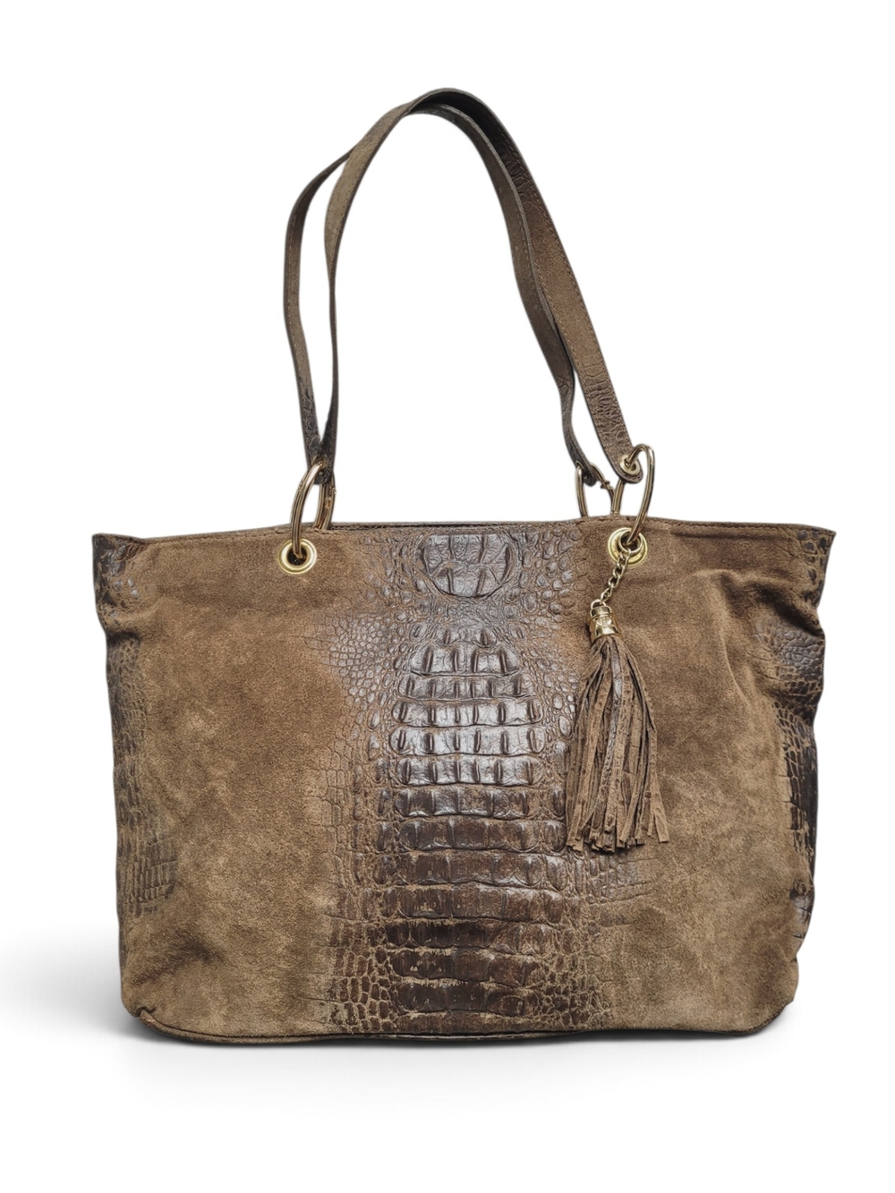 Made In Italy Croc Embossed Leather  And Suede Tote Bag with Tassel Brown Tan